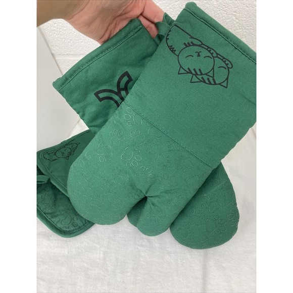 Green Cotton Silicone Paw print Cat Oven Mitts and Potholders Set Grill Glove - Picture 16 of 16
